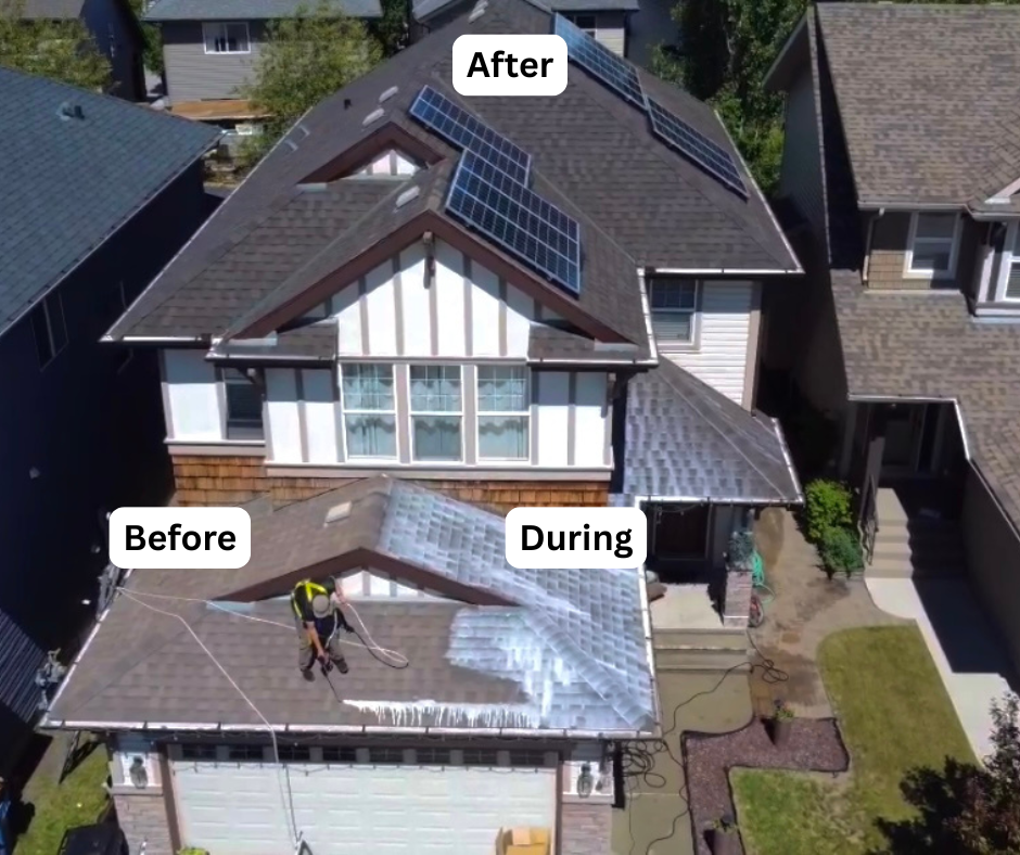 Before / during / after · solar-panelled roof